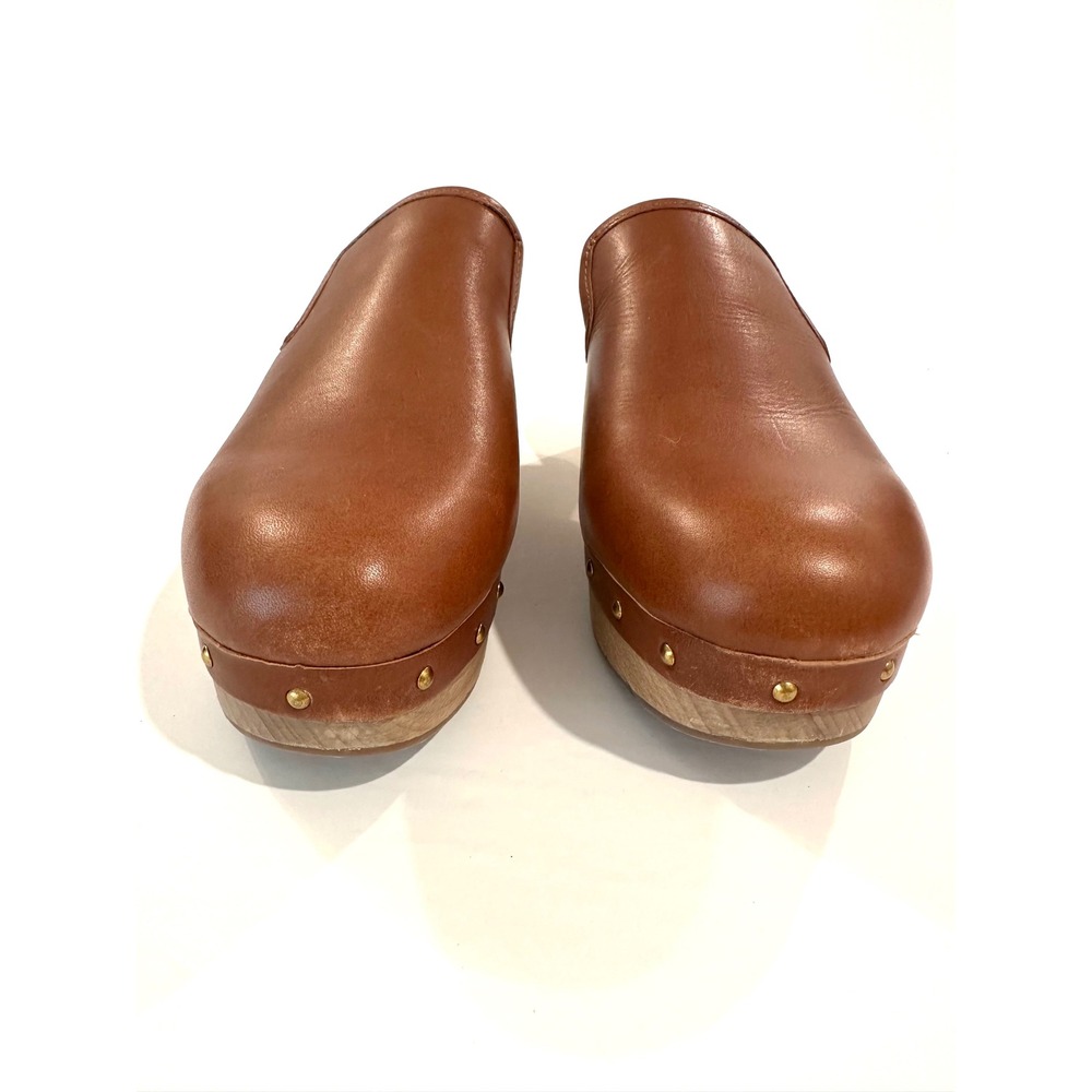 J.Crew‎ Boho Leather Clogs Tan Brown Gold Studded Mule Block Heel AQ675 Size 6.5 - Picture 2 of 7